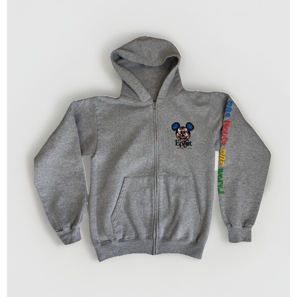 Vtg Disney Epcot One Mouse One World Grey Zip Up Hoodie Sweatshirt Size Small - Picture 4 of 8